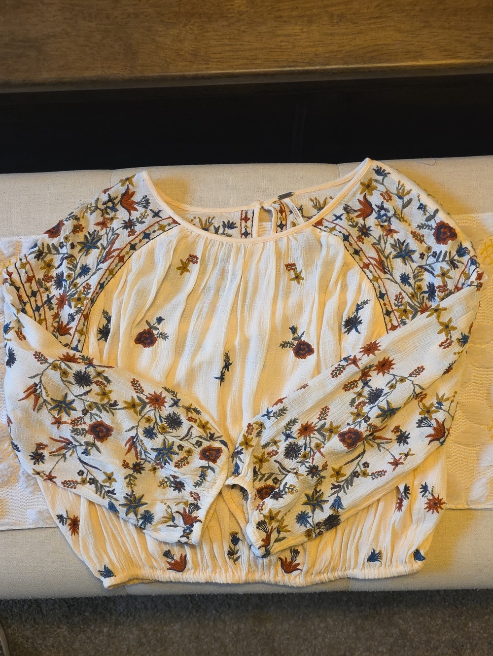 FREE PEOPLE Embroidered White Peasant Blouse with Floral Accents